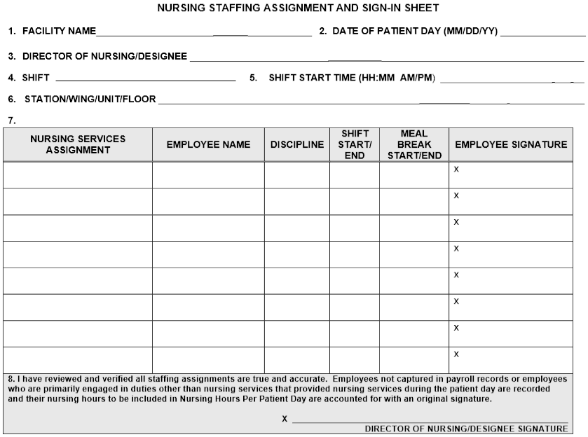 nursing staffing assignment and sign in sheet